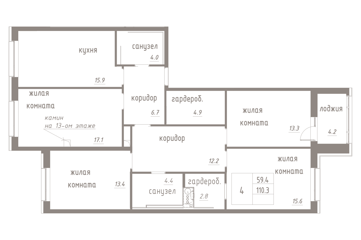 4-комнатная, 112 м² — ЖК ЖК Лайф Лесная