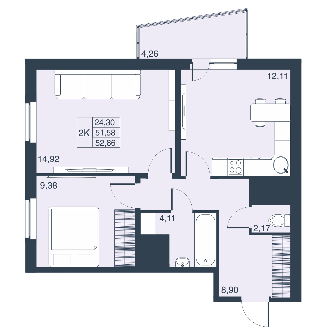 2-комнатная, 52 м² — ЖК ЖК Муринские высоты