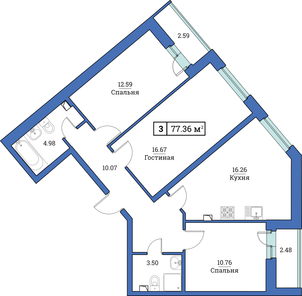 3-комнатная, 77 м² — ЖК ЖК Цвета радуги