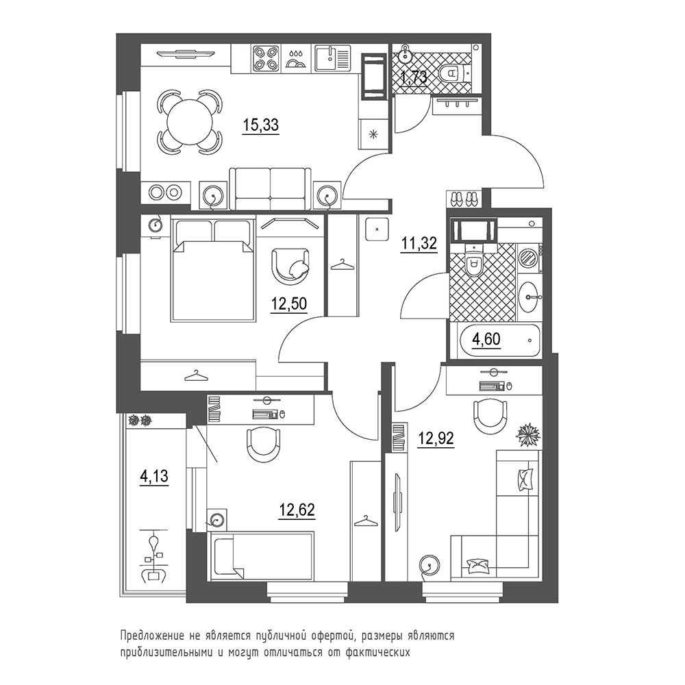 3-комнатная, 73 м² — ЖК ЖК Охта Хаус
