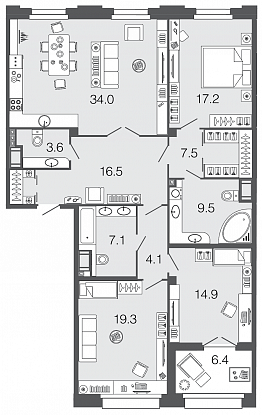 3-комнатная, 134 м² — ЖК ЖК Futurist (Футурист)