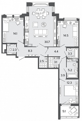3-комнатная, 105 м² — ЖК Клубный дом Болконский