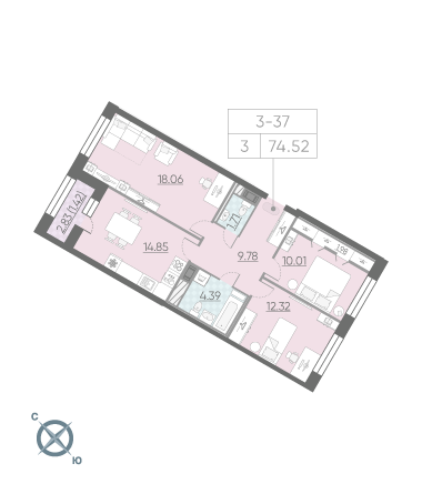 3-комнатная, 75 м² — ЖК ЖК Riviere Noire (Ривьер Нуар)