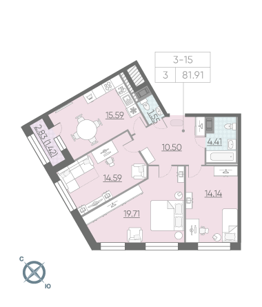 3-комнатная, 82 м² — ЖК ЖК Riviere Noire (Ривьер Нуар)
