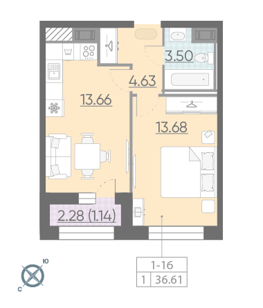 1-комнатная, 37 м² — ЖК ЖК Riviere Noire (Ривьер Нуар)