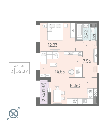 2-комнатная, 55 м² — ЖК ЖК Riviere Noire (Ривьер Нуар)