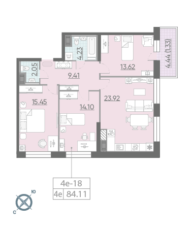 3-комнатная, 84 м² — ЖК ЖК Riviere Noire (Ривьер Нуар)