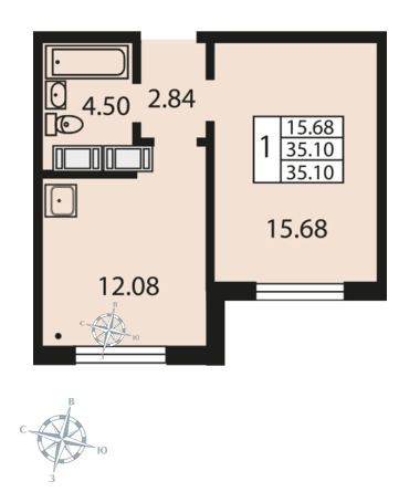 1-комнатная, 35 м² — ЖК ЖК Звездный дуэт