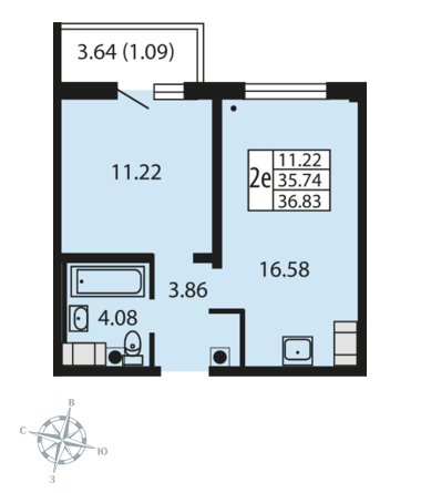 1-комнатная, 37 м² — ЖК ЖК Звездный дуэт