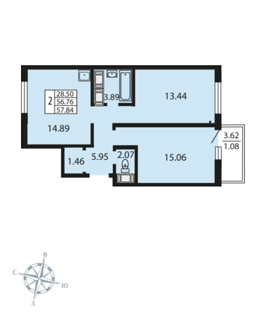 2-комнатная, 56 м² — ЖК ЖК Звездный дуэт