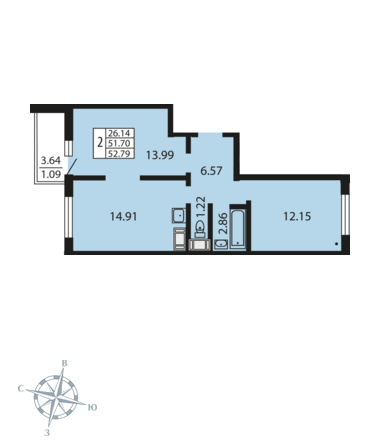 2-комнатная, 53 м² — ЖК ЖК Звездный дуэт