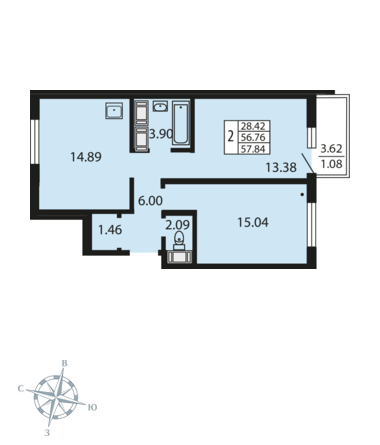 2-комнатная, 58 м² — ЖК ЖК Звездный дуэт