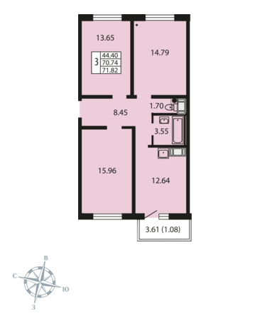 3-комнатная, 71 м² — ЖК ЖК Звездный дуэт