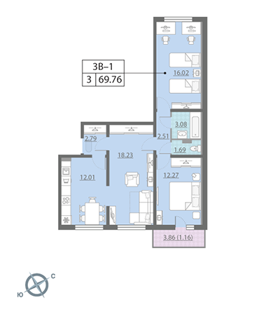 3-комнатная, 70 м² — ЖК ЖК Ручьи