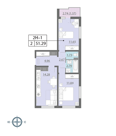 2-комнатная, 51 м² — ЖК ЖК Ручьи