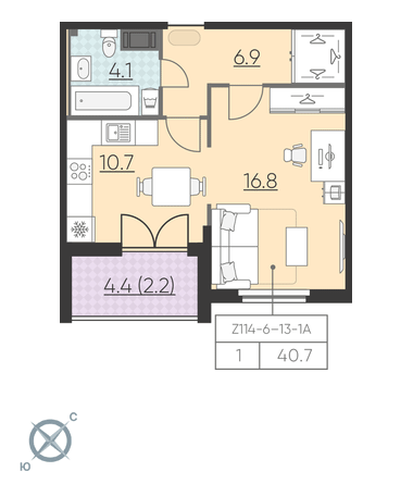 1-комнатная, 41 м² — ЖК ЖК Цивилизация на Неве