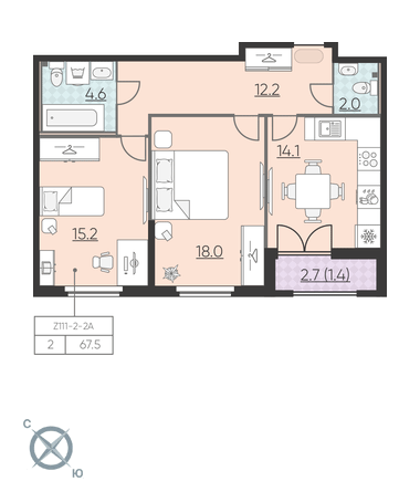2-комнатная, 68 м² — ЖК ЖК Цивилизация на Неве