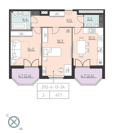 2-комнатная, 68 м² — ЖК ЖК Цивилизация на Неве