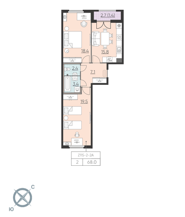 2-комнатная, 68 м² — ЖК ЖК Цивилизация на Неве