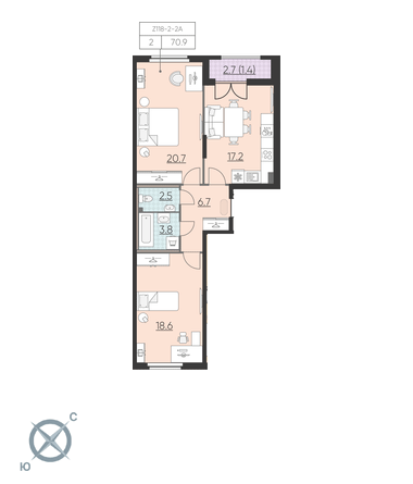 2-комнатная, 71 м² — ЖК ЖК Цивилизация на Неве