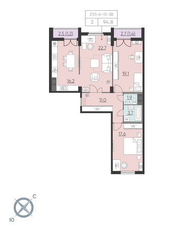 3-комнатная, 95 м² — ЖК ЖК Цивилизация на Неве