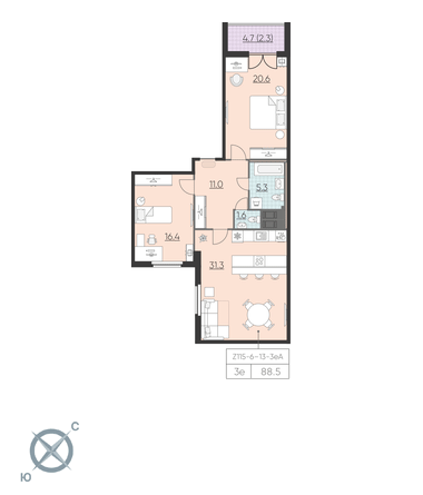 2-комнатная, 89 м² — ЖК ЖК Цивилизация на Неве