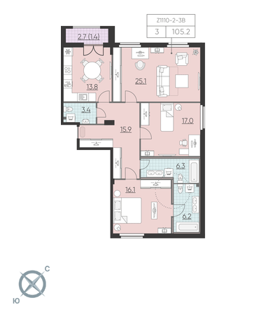 3-комнатная, 105 м² — ЖК ЖК Цивилизация на Неве