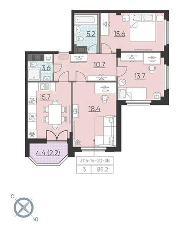 3-комнатная, 85 м² — ЖК ЖК Цивилизация на Неве
