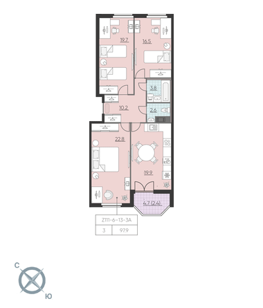 3-комнатная, 98 м² — ЖК ЖК Цивилизация на Неве