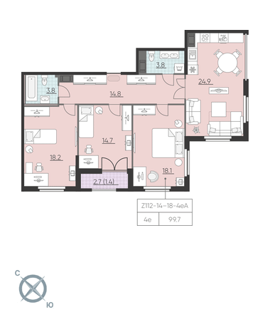 3-комнатная, 100 м² — ЖК ЖК Цивилизация на Неве