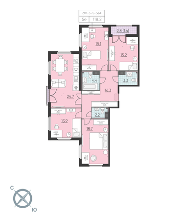 4-комнатная, 118 м² — ЖК ЖК Цивилизация на Неве