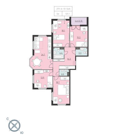 4-комнатная, 121 м² — ЖК ЖК Цивилизация на Неве