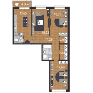 3-комнатная, 74 м² — ЖК ЖК "Георг Ландрин"