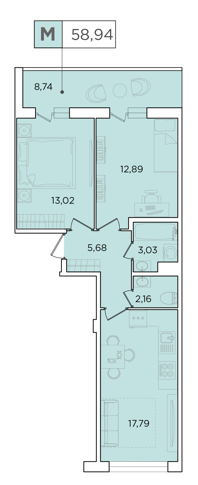 2-комнатная, 58.94 м² — ЖК ЖК Forest Аквилон (Форест Аквилон)