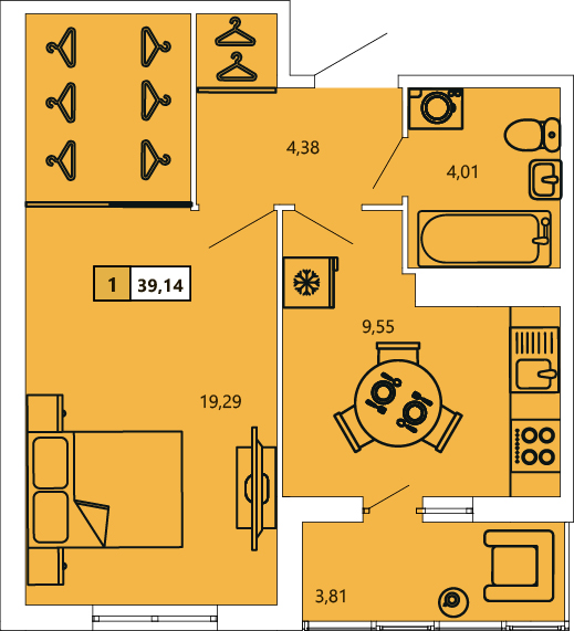 1-комнатная, 39.14 м² — ЖК ЖК «Ол Инклюзив (All Inclusive)»