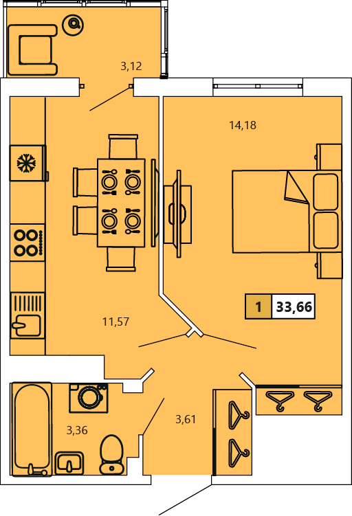 1-комнатная, 33.79 м² — ЖК ЖК «Ол Инклюзив (All Inclusive)»