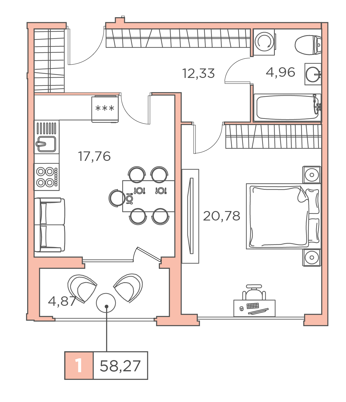 1-комнатная, 58.27 м² — ЖК ЖК Promenade (Променад)