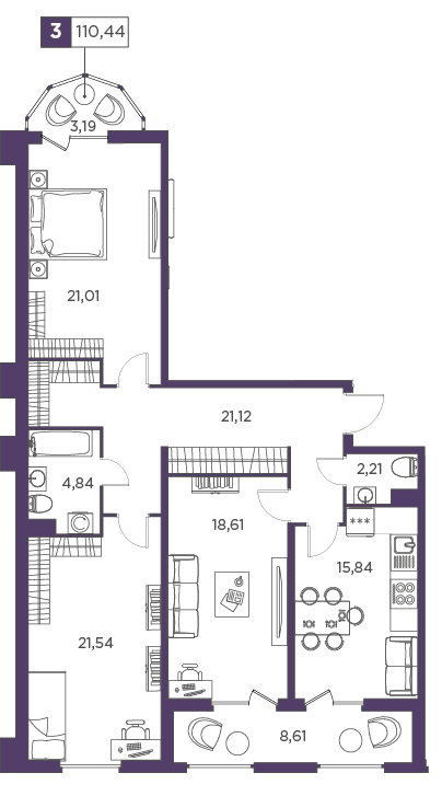 3-комнатная, 110.44 м² — ЖК ЖК Promenade (Променад)