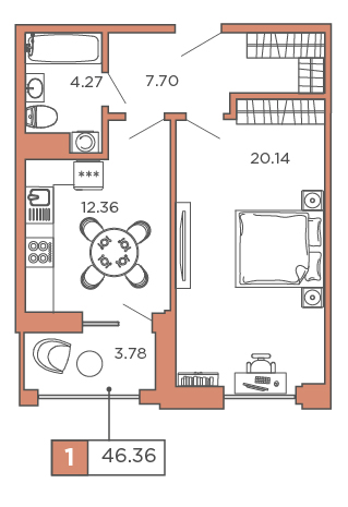 1-комнатная, 46.36 м² — ЖК ЖК Promenade (Променад)