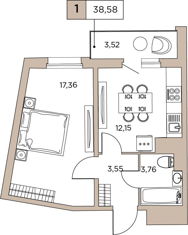 1-комнатная, 38.58 м² — ЖК ЖК Аквилон Sky (Аквилон Скай)