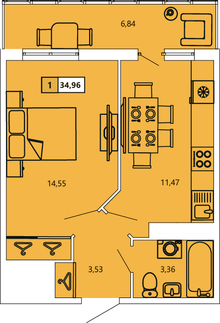 1-комнатная, 34.96 м² — ЖК ЖК «Ол Инклюзив (All Inclusive)»