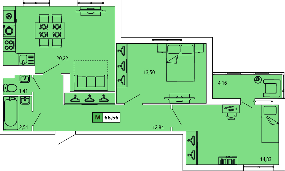 2-комнатная, 66.65 м² — ЖК ЖК «Ол Инклюзив (All Inclusive)»