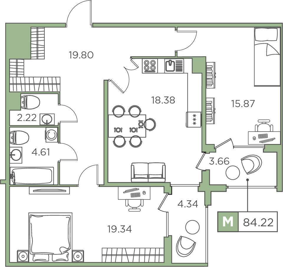 2-комнатная, 84.22 м² — ЖК ЖК Promenade (Променад)