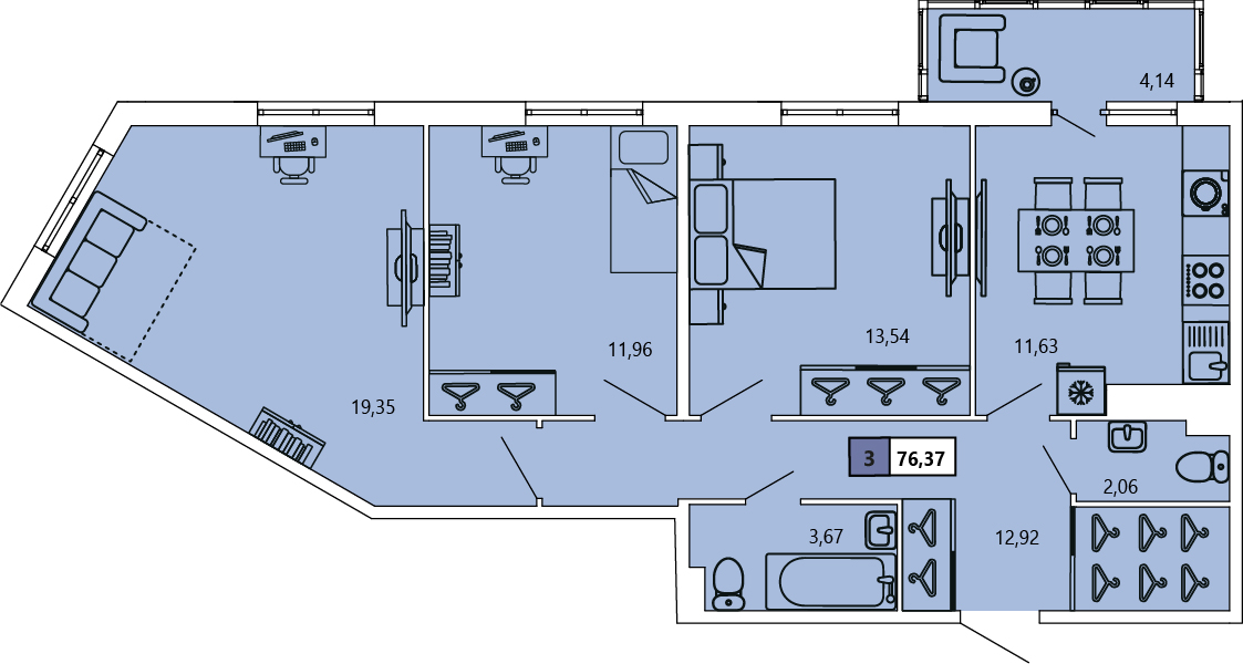3-комнатная, 76.37 м² — ЖК ЖК «Ол Инклюзив (All Inclusive)»