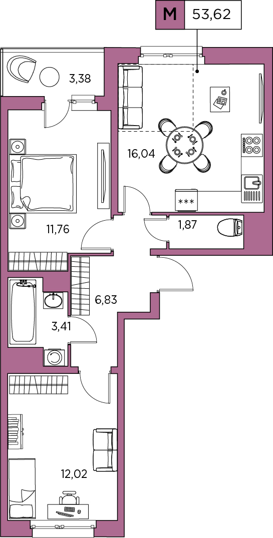 2-комнатная, 53.62 м² — ЖК ЖК Аквилон Sky (Аквилон Скай)