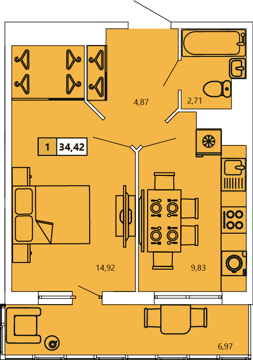 1-комнатная, 34.42 м² — ЖК ЖК «Ол Инклюзив (All Inclusive)»
