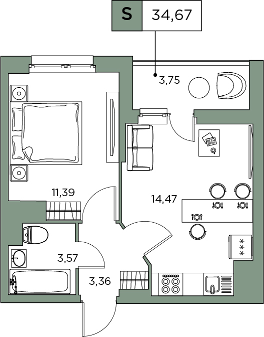 1-комнатная, 34.67 м² — ЖК ЖК Аквилон Sky (Аквилон Скай)