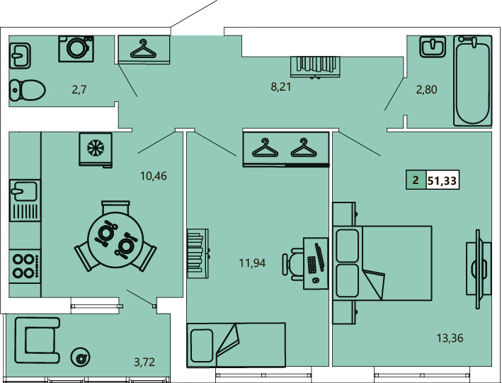 2-комнатная, 51.17 м² — ЖК ЖК «Ол Инклюзив (All Inclusive)»