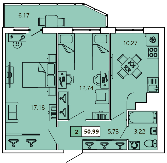 2-комнатная, 51.4 м² — ЖК ЖК «Ол Инклюзив (All Inclusive)»
