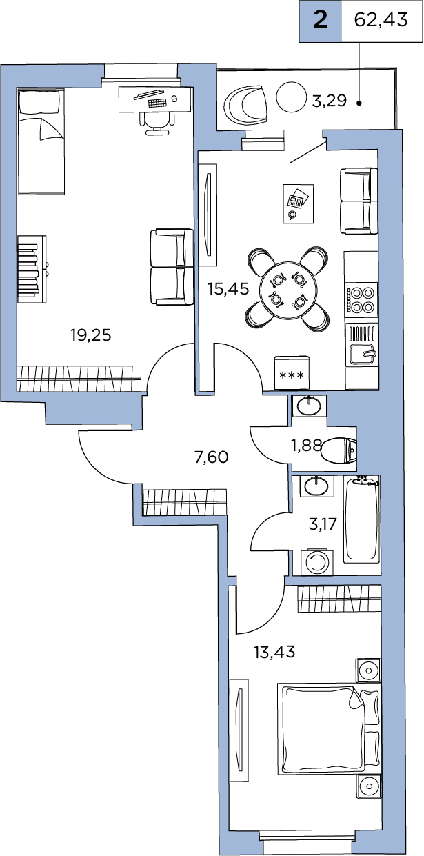 2-комнатная, 62.43 м² — ЖК ЖК Аквилон Sky (Аквилон Скай)